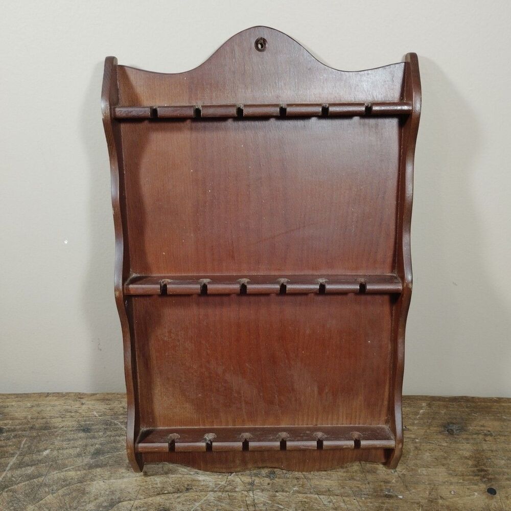 Souvenir Spoon Display Rack Wall Hanging Wooden Case 18 Slots 17x10" Vintage MCM